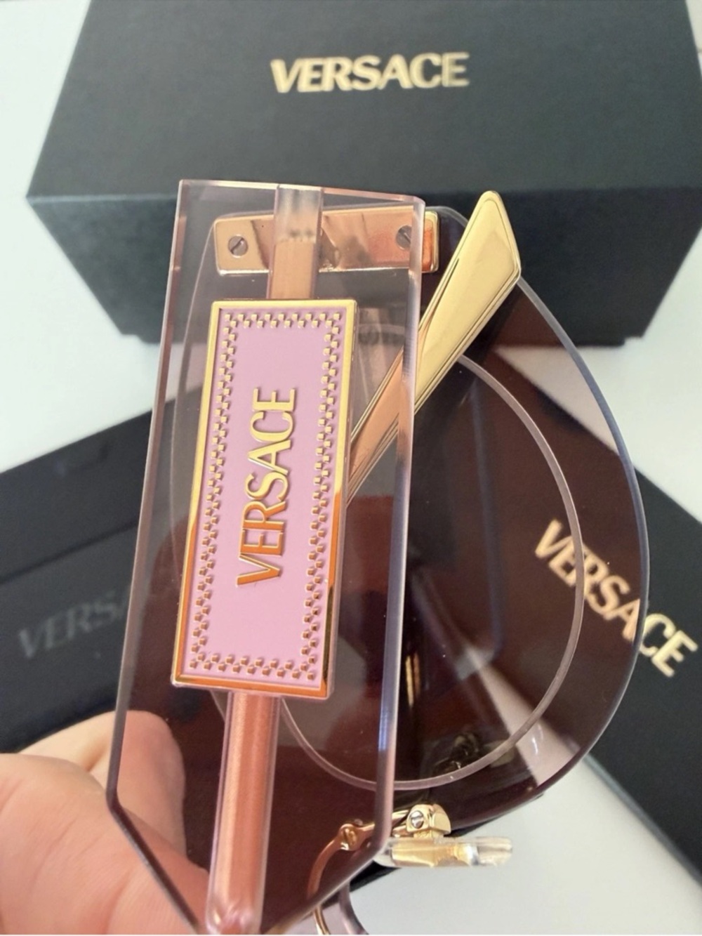 New VERSACE DAMIER PLAQUE 2276 Pink Rimless Sunglass